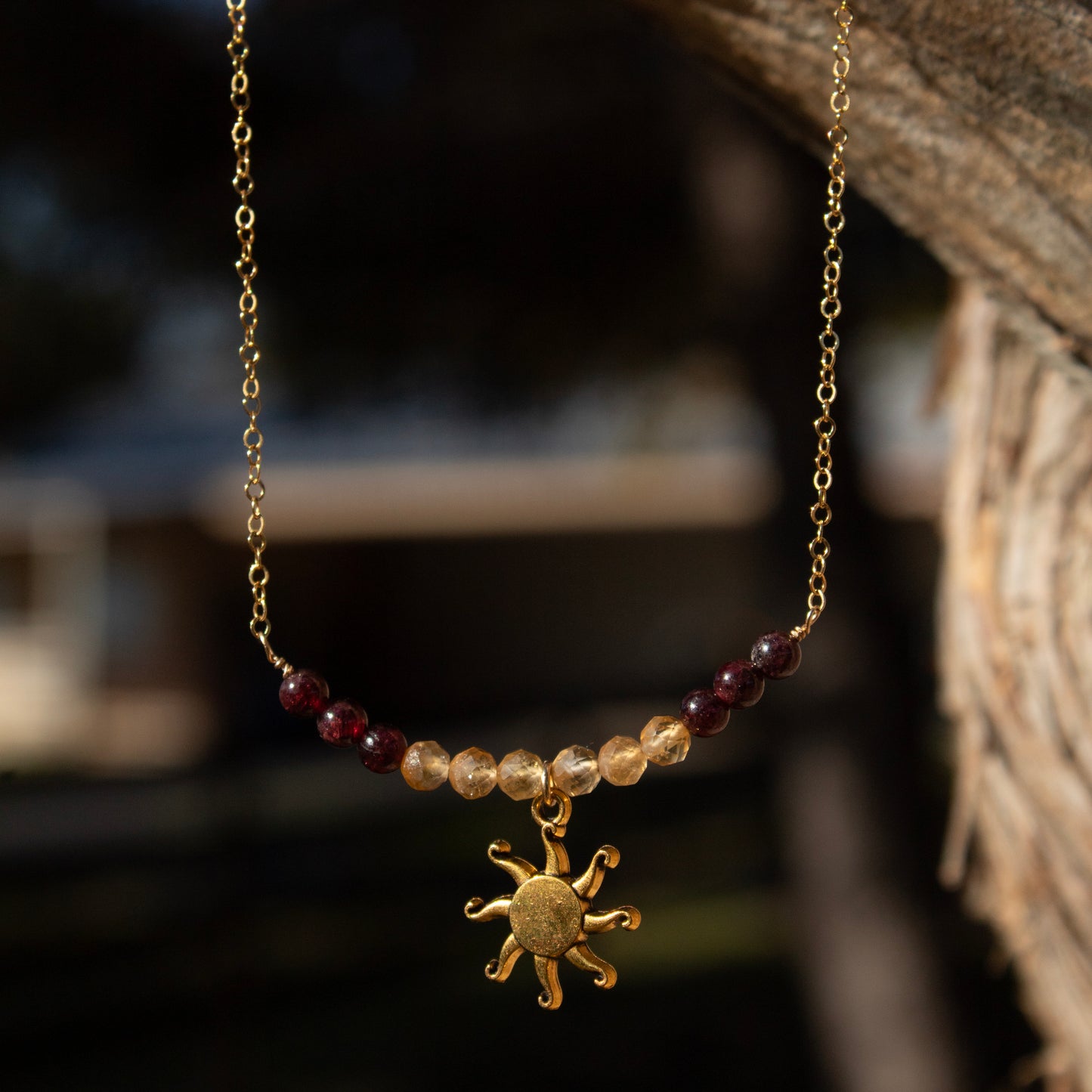 Garnet and Citrine Inner Light Sun Necklace Gold
