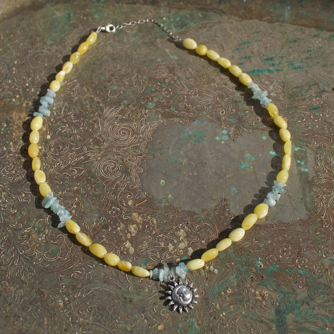 Golden Amber and Aquamarine Sun Necklace